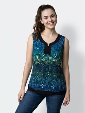 Lane Bryant Blue-Green Printed V-Notch Tank with Black Trim